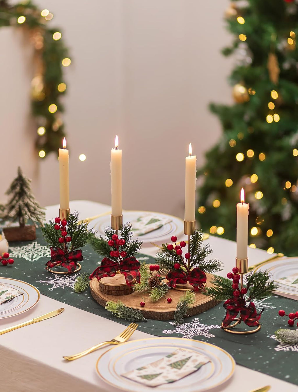 Romadedi Candle Holders - Gold Taper Candlestick Holders with Red Berry Decor | Set of 2 for Festive Christmas Centerpieces