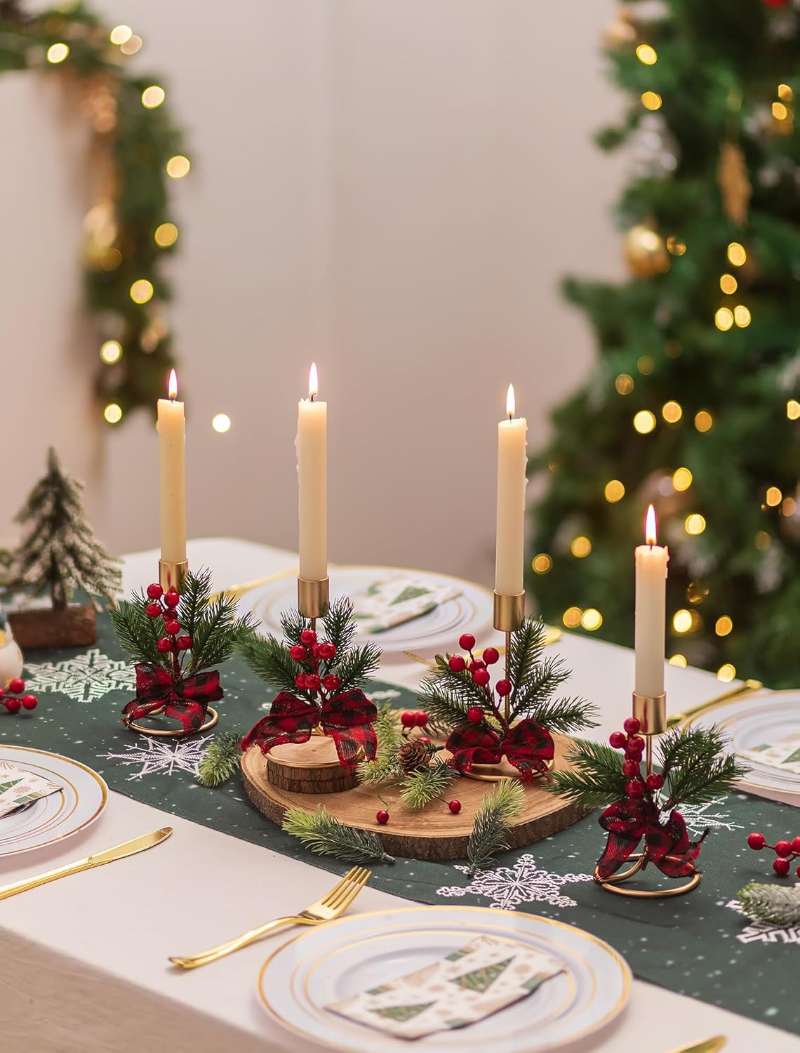 Romadedi Candle Holders - Gold Taper Candlestick Holders with Red Berry Decor | Set of 2 for Festive Christmas Centerpieces