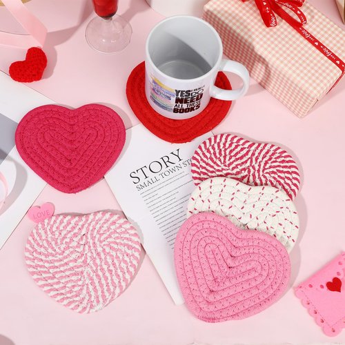 UPINS 6Pcs Valentines Heart Coasters,Handmade Braided Cotton Red Pink White Heart Coasters Valentine’s Day Drink Accessories