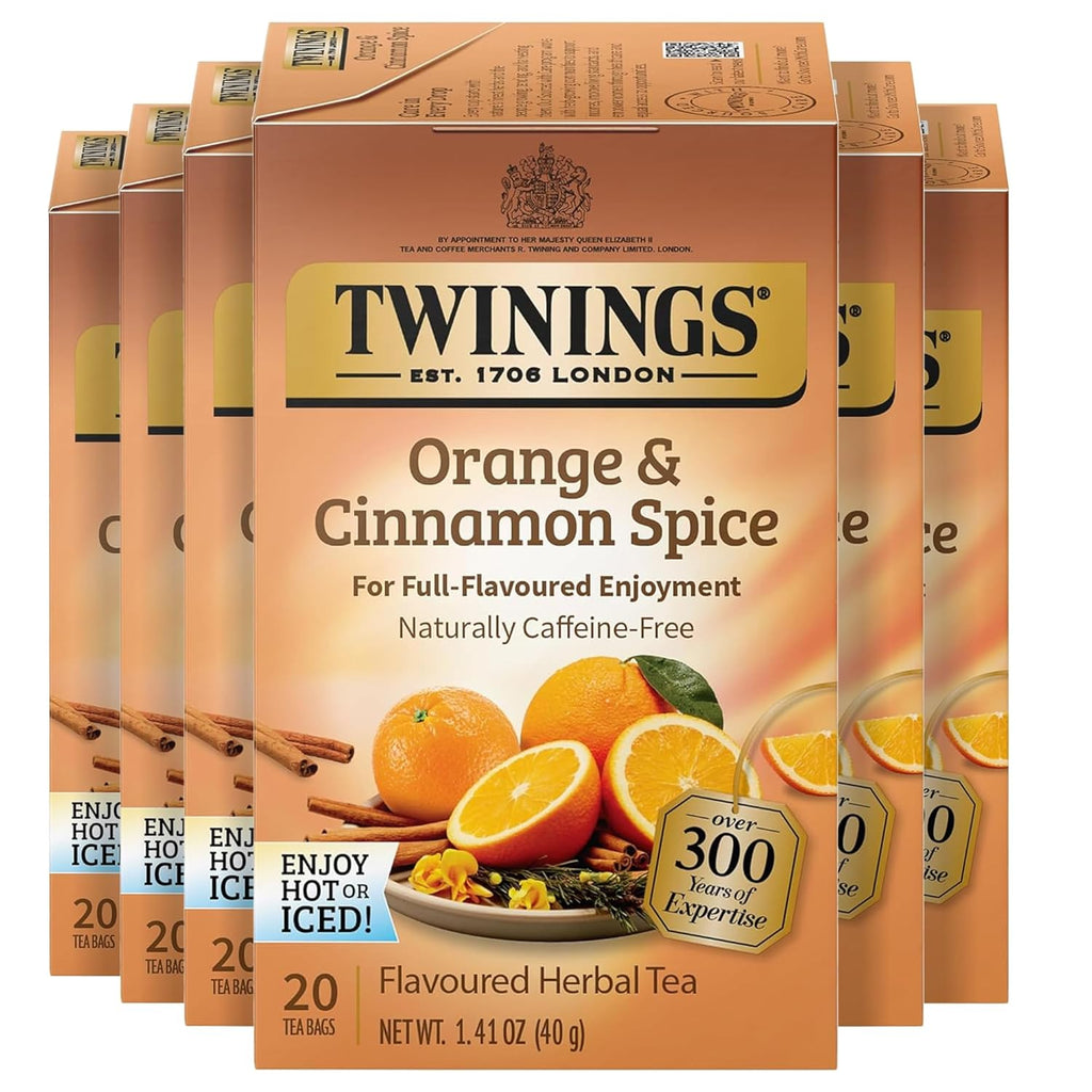 Twinings Herbal Tea - Orange & Cinnamon Spice, Naturally Caffeine-Free, 20 Individually Wrapped Bags (Pack of 6)
