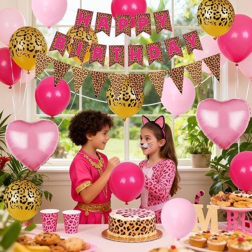 Pink Leopard Birthday Decorations, Gold Cheetah Print Animal Balloons Hot Pink and Heart Balloons, Cheetah Happy Birthday Banner for Safari Wild Birthday Baby Shower Jungle Theme Party Supplies