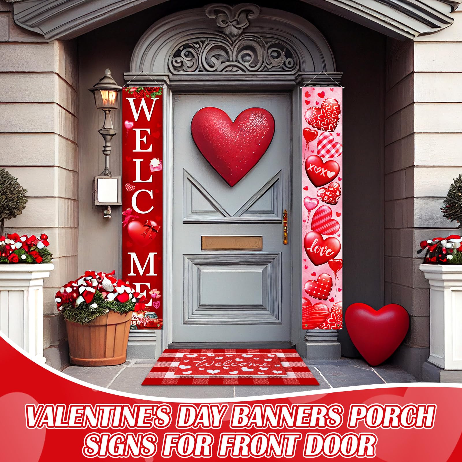 Hahafelt 3 Pcs Valentines Door Mat Front Door Non-Slip Heart Doormat Banner Set Buffalo Plaid Welcome Doormat for Indoor Outdoor Holiday Decoration, Entryway Porch Decor
