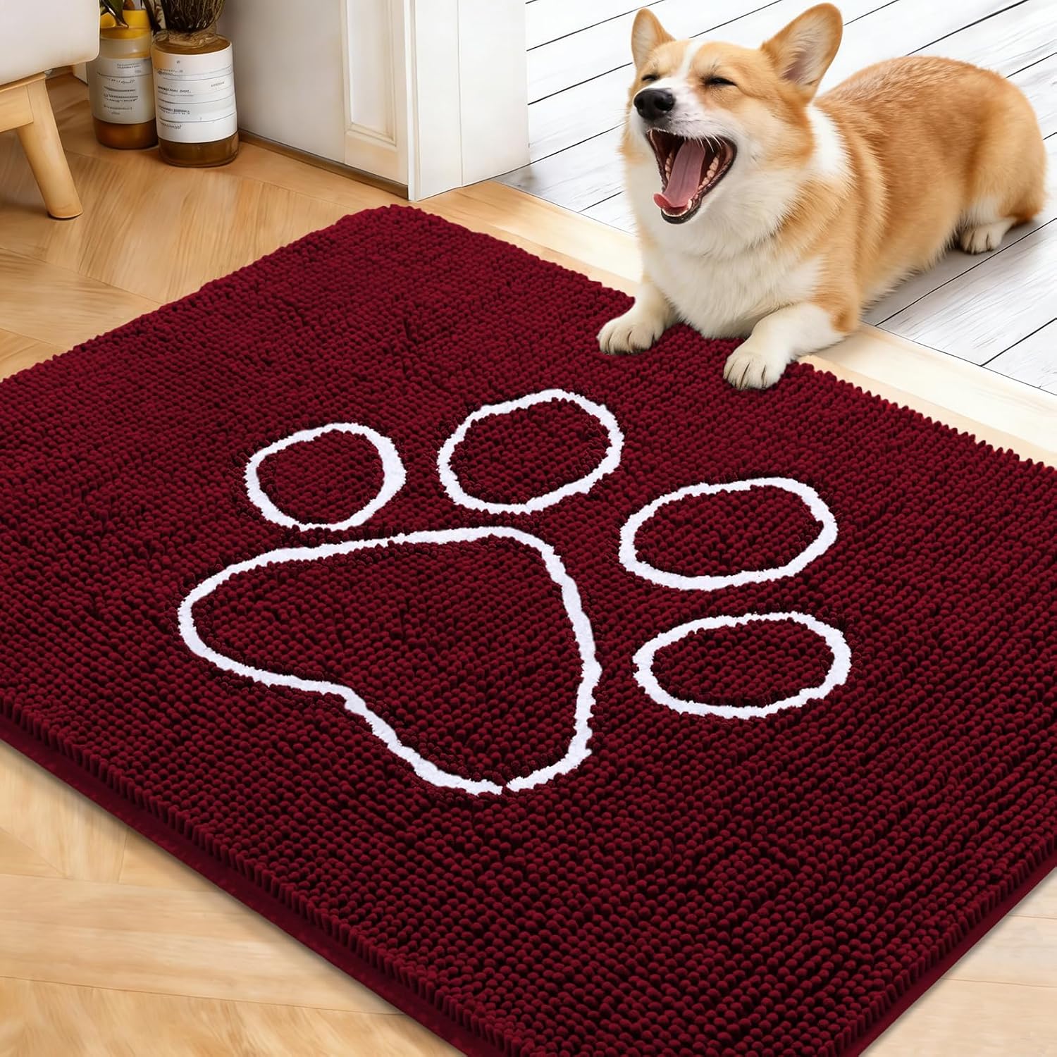 OLANLY Dog Door Mat - Absorbent Non-Slip Mud Mat for Muddy Paws | 40x32 Paw Print Design in Burgundy