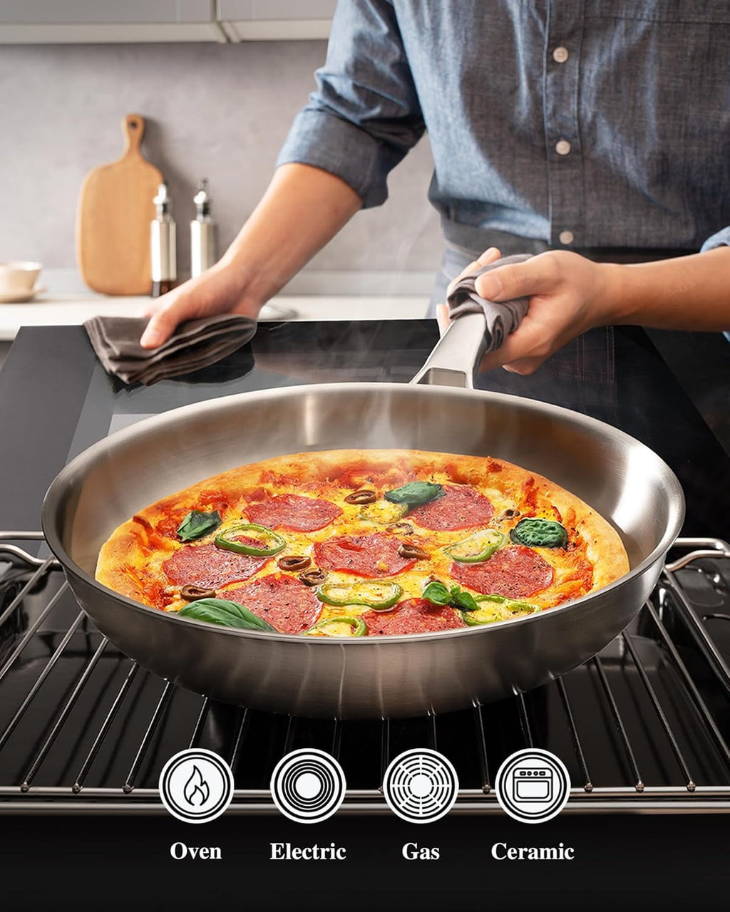 VocVoi Stainless Steel Frying Pan - 12 Inch Non-Toxic Tri-Ply Skillet | PFOA & PTFE Free, Oven Safe