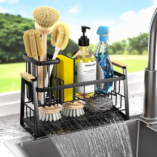 Housolution Kitchen Sink Caddy Organizer - 2-Tier Sponge Holder with Flexible Brush Slot & Rustproof Design