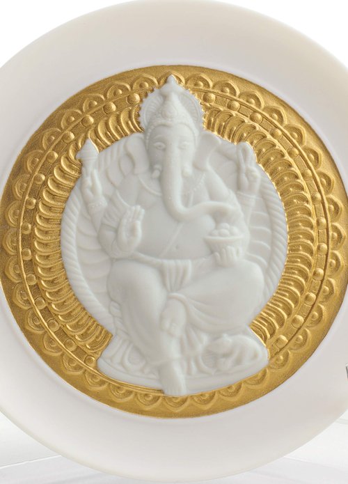 LLADRÓ Lord Ganesha Decorative Plate. Golden Lustre. Porcelain Plates.