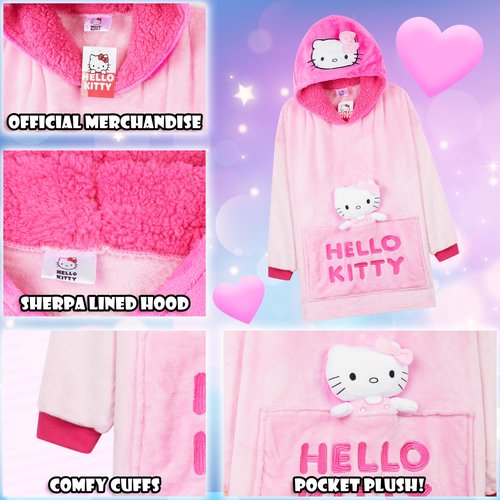 Hello Kitty Sanrio Blanket Hoodie Girls Teens, Kawaii Oversized Fleece Wearable Blanket with Plush Loungewear Gifts for Girls (Pink Hello Kitty)