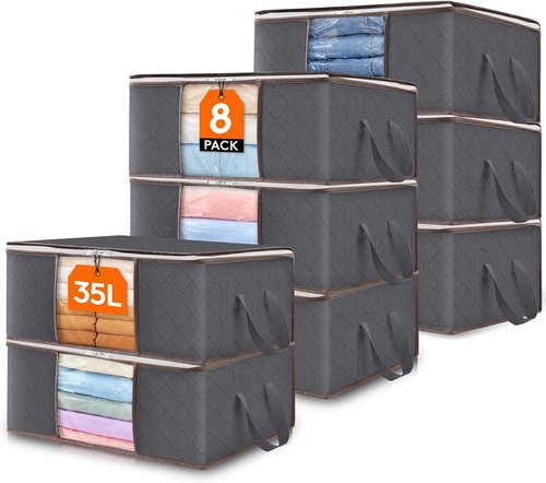 Lifewit 35L Clothes Storage Bins - 8 Pack Foldable Bags with Lids & Clear Windows | Ideal for Organizing Clothing & Bedding
