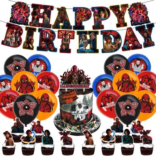 30 Pcs TV Series Role Birthday Decorations, Horror Theme Party Decorations, Includes 1 Banner, 16 Balloons, 1 “Happy Birthday” Topper, and 12 Dessert Decorations.