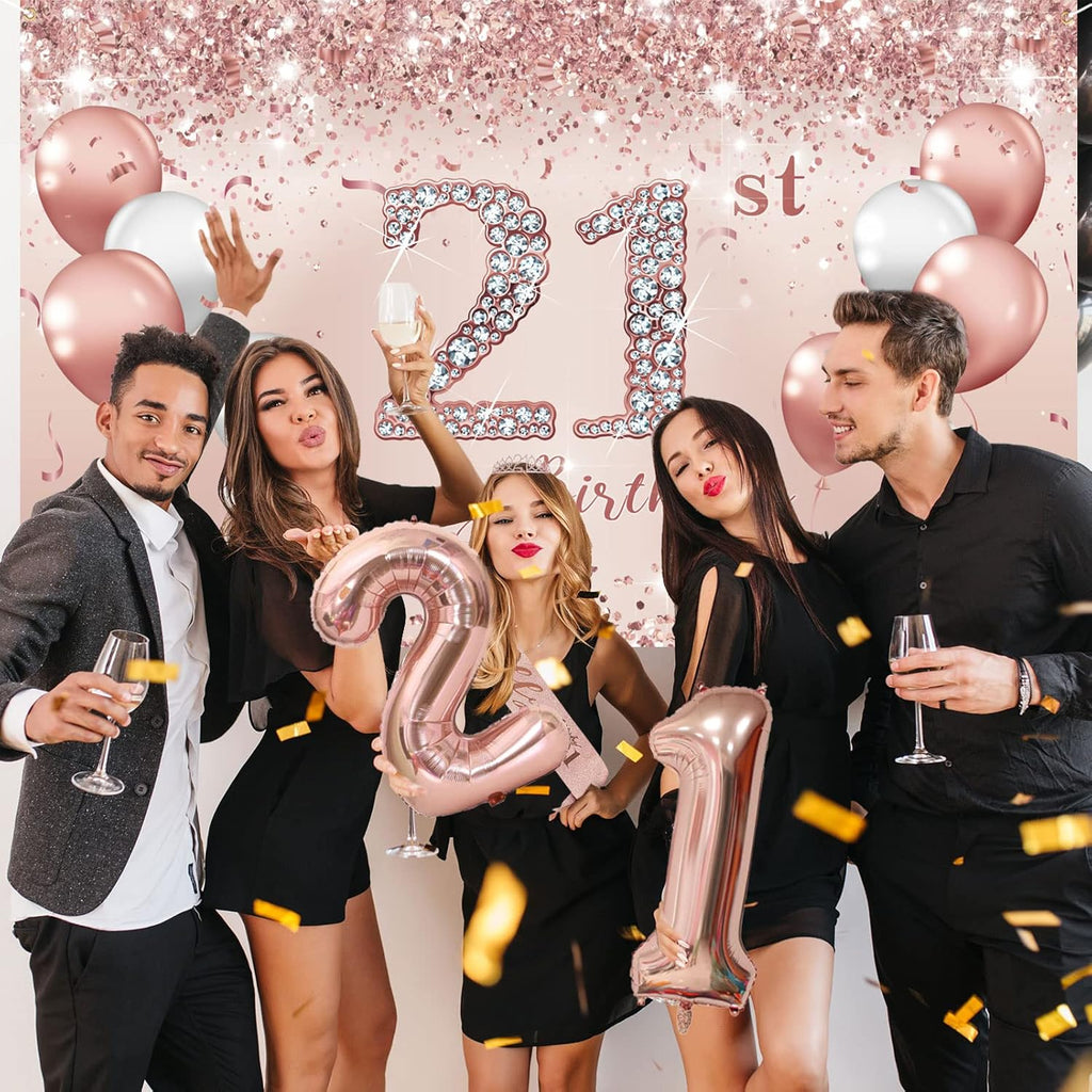 Trgowaul 21st Birthday Decorations - Rose Gold Banner, Sash, Crown & Cake Topper | Pink Balloons Set