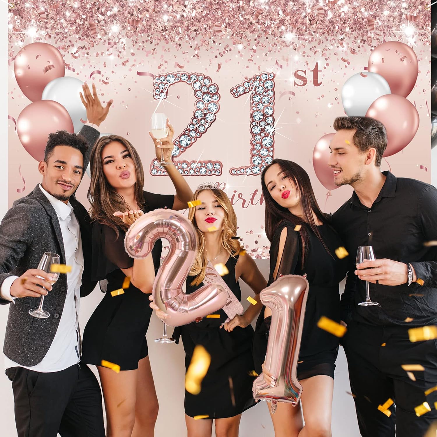 Trgowaul 21st Birthday Decorations - Rose Gold Banner, Sash, Crown & Cake Topper | Pink Balloons Set