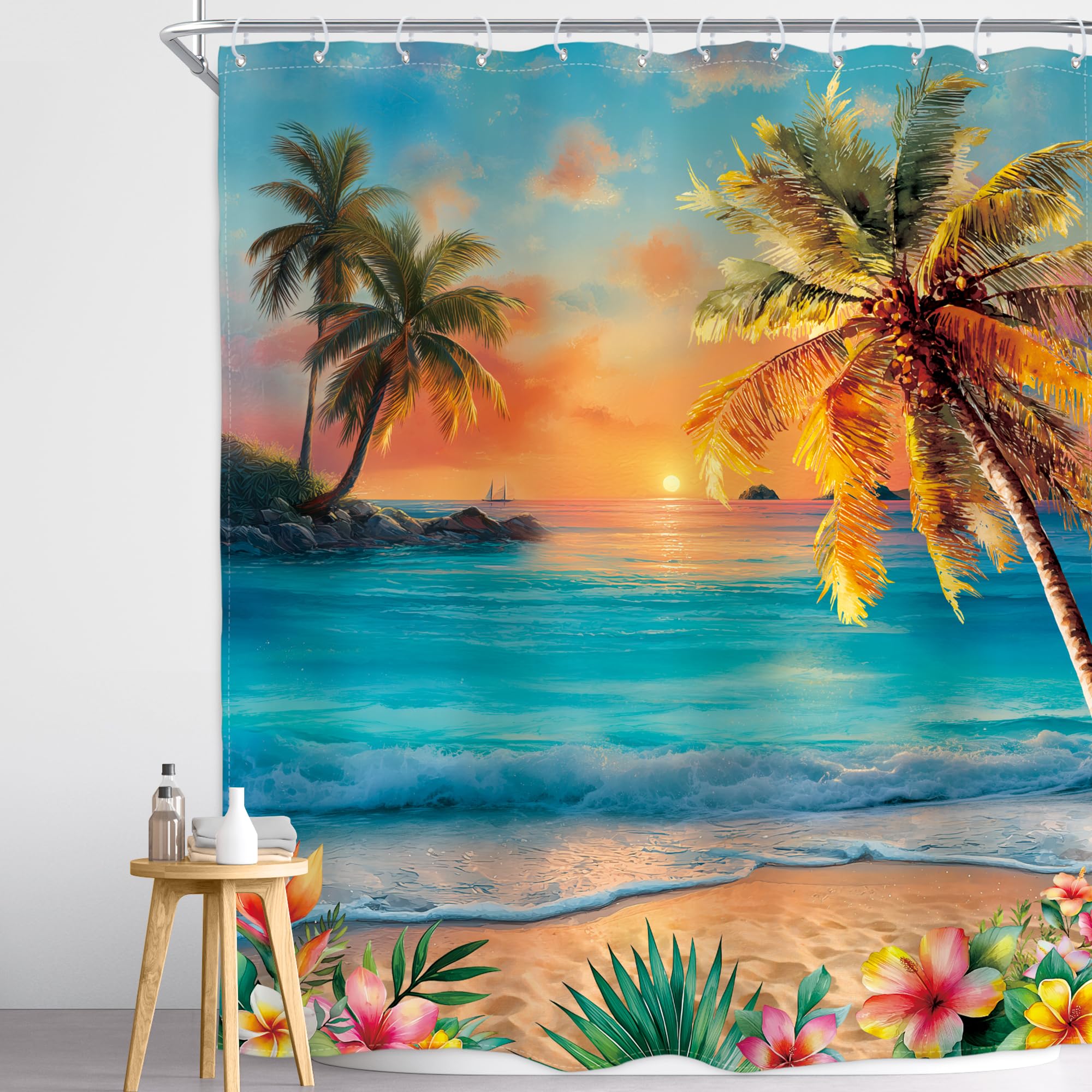 Homewelle Beach Ocean Shower Curtain Hawaii Seaside Sunset Coastal Tropical Palm Tree Flower Plant Landscape Summer Scenery Nature 60Wx72H Inch Sea Wave Waterproof Polyester Fabric Bathroom Bathtub