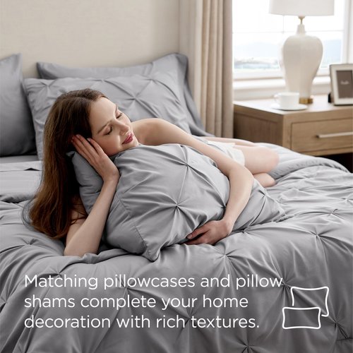 Bedsure Oversized King Comforter Set Grey - Bed in a Bag Bedding Set 7 Pieces, GentleSoft™ Pintuck Bed Set Gift for Family, Pinch Pleat Grey Comforter with Sheets, Pillowcases & Shams