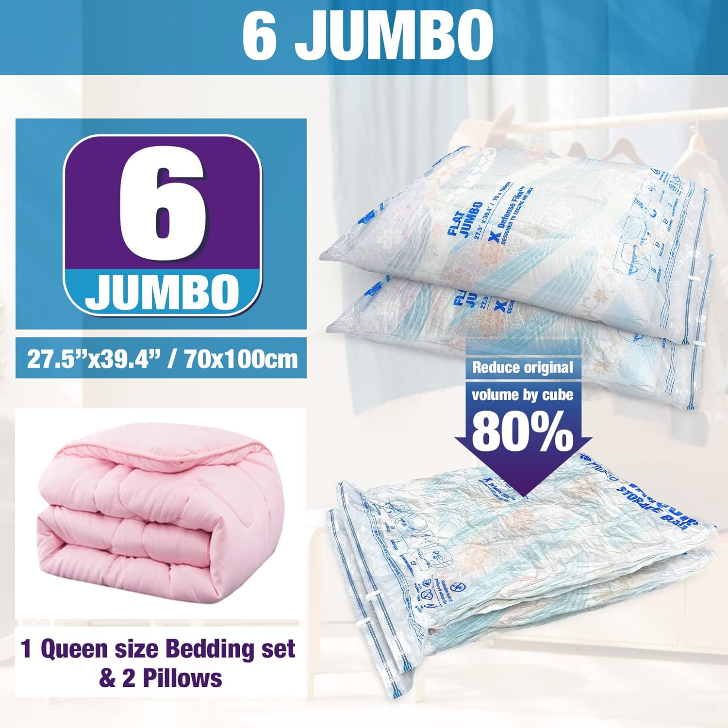 Skiennix Vacuum Storage Bags - 6 Jumbo Space Saver Vacuum Seal Bags for Clothes & Bedding