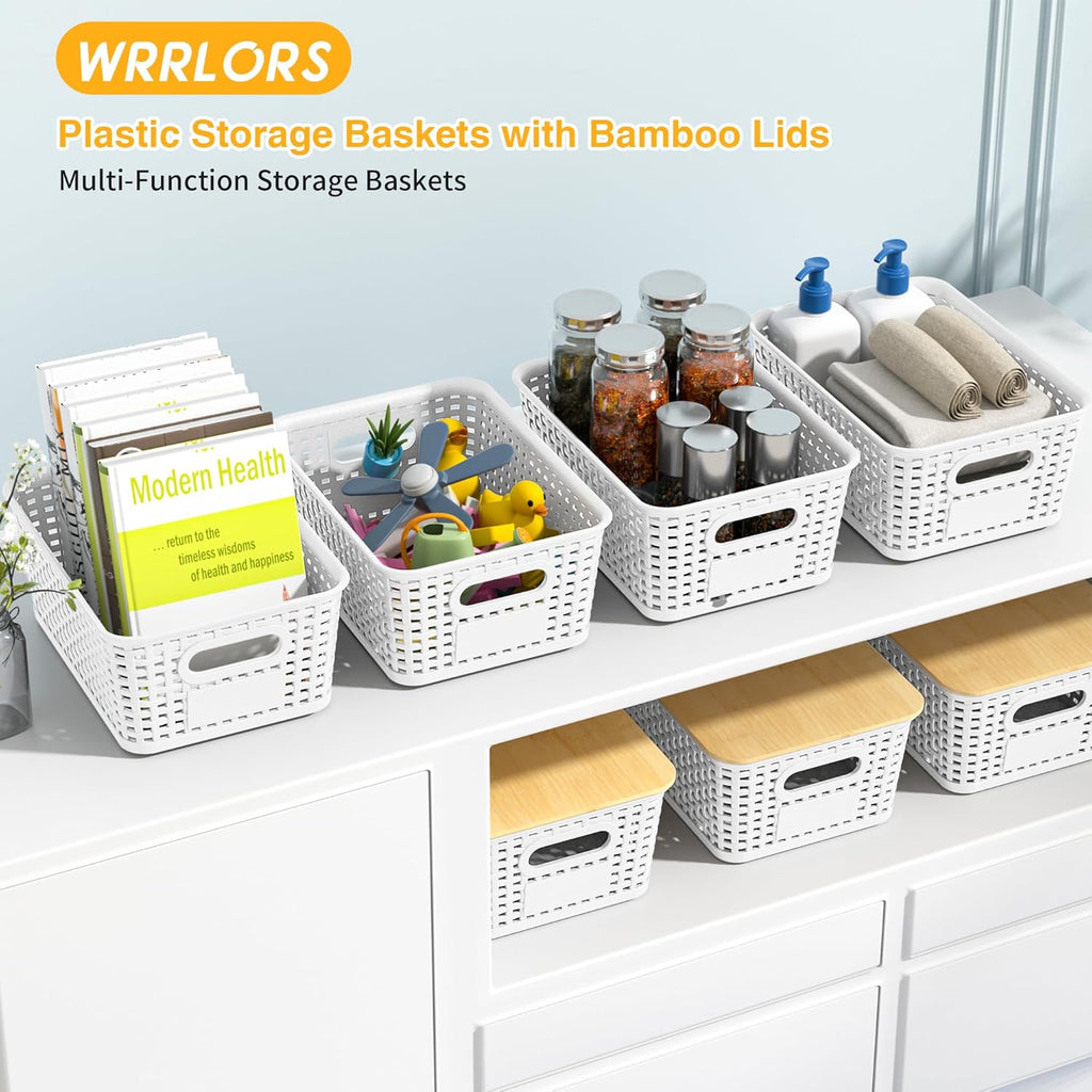Skiennix Plastic Storage Baskets - Stackable Containers with Bamboo Lids & Labels | 6-Pack White