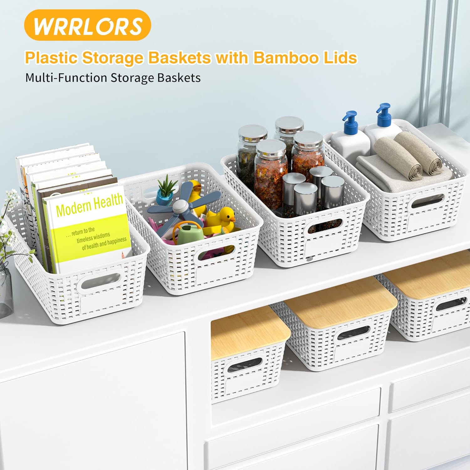 Skiennix Plastic Storage Baskets - Stackable Containers with Bamboo Lids & Labels | 6-Pack White