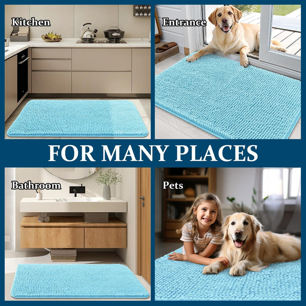 OLANLY Dog Door Mat - Absorbent Non-Slip Chenille Mat for Muddy Paws | 70x24 Inches, Quick Dry, Blue
