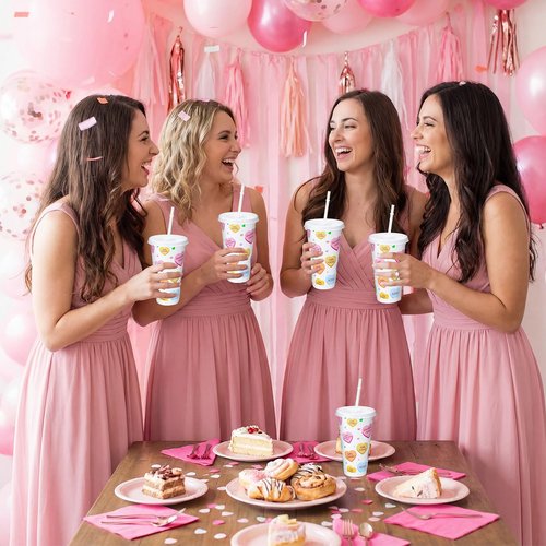 Potchen 12 Sets Galentines Day Party Favors Gifts 24oz Conversation Hearts Tumbler with Lid and Straw Plastic Cup Bulk Galentines Valentine Gifts for Coworkers Women Girl Gang Valentine Party Supplies