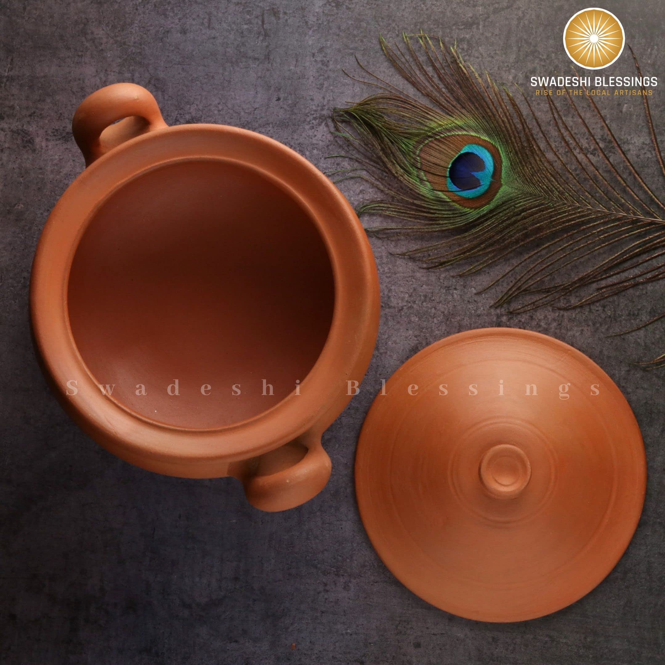 Swadeshi Blessings Exclusive Range Unglazed Clay Pot For Cooking & Serving with Lid/Earthen Kadai/Mud Handi/Mitti Ke Bartan (With Mirror Shine) + ASH For Cleaning (3 Liters)