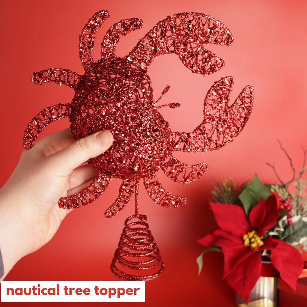 Needzo Nautical Christmas Tree Topper, Hollow Glittered Red Crab, Coastal Holiday Home Decor, 11 x 2.5 x 10 Inches