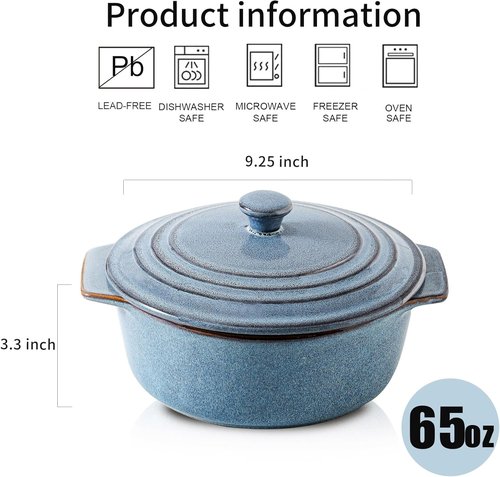 HVH Ceramic Casserole Dish - 2 Quart Round Baking Dish with Lid | Oven Safe, 9 Inches for Dinner Parties