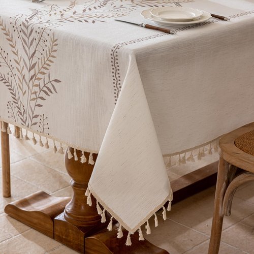 Joyfol Day Rustic Waterproof Linen Tablecloth, Heavy Weight Fern Embroidery Table Cloths for Rectangle Tables, Farmhouse Spill-Proof Table Covers with Tassels, Coffee 55''x 120''
