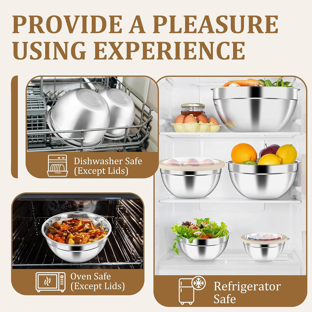 P&P CHEF Mixing Bowls Set of 5 - Stainless Steel Airtight Lids for Kitchen Prep & Storage | Khaki, 0.7-4.6 QT