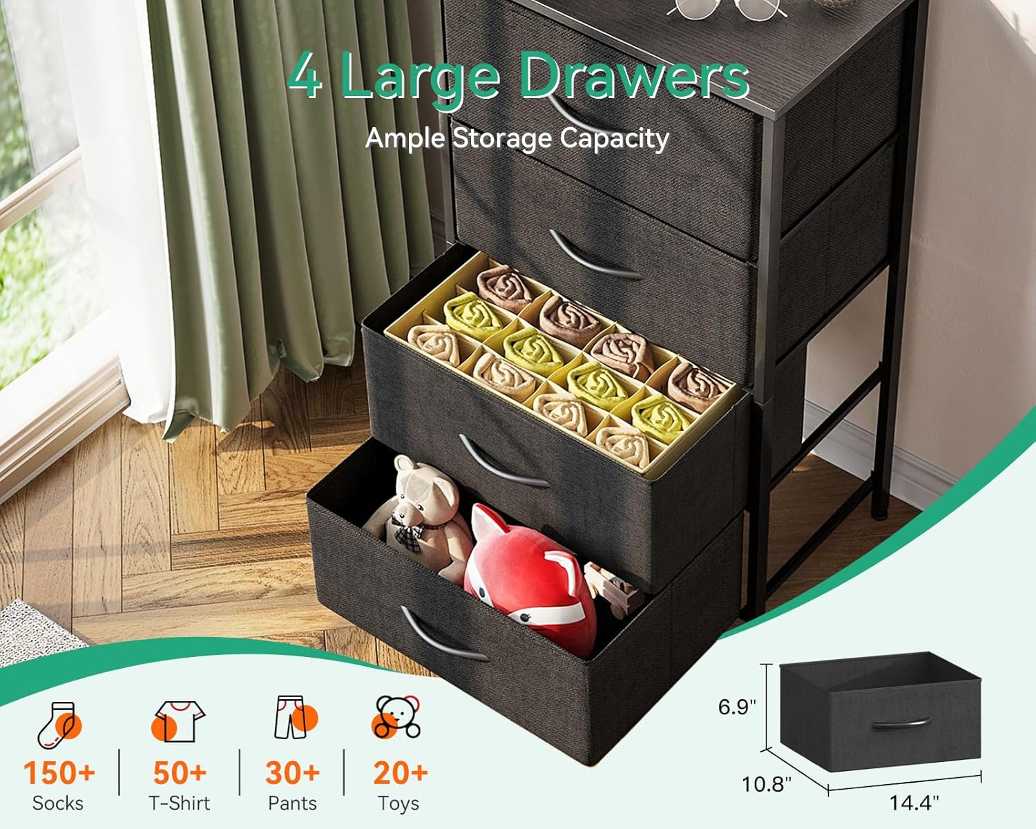AODK Dresser - 4 Drawer Fabric Chest with Sturdy Steel Frame - Compact Black Storage Solution