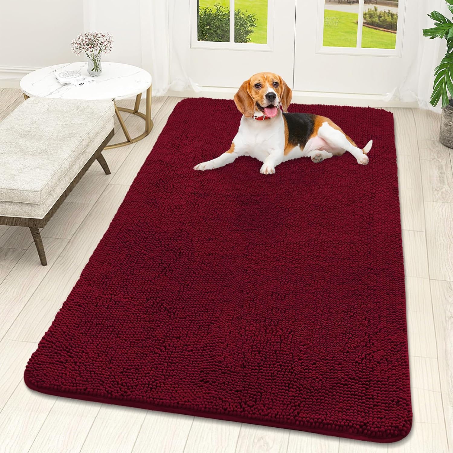 OLANLY Dog Door Mat - Absorbent Non-Slip Washable Chenille Mat for Muddy Paws | 59x32, Burgundy
