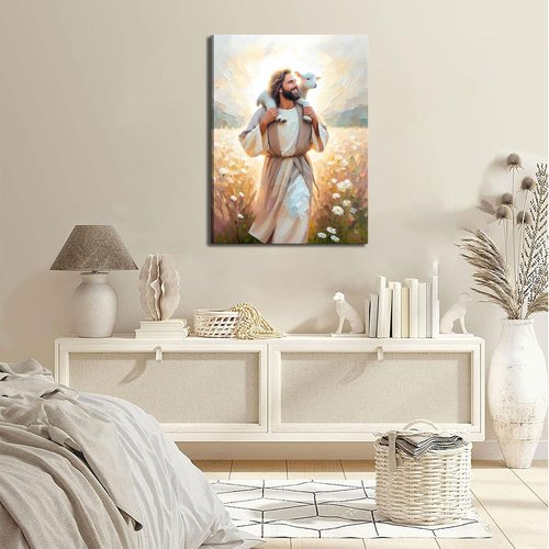 GKQNMU Jesus Carrying The Lamb Canvas Wall Art - Christ The Good Shepherd Decor for Living Room | Ready to Hang