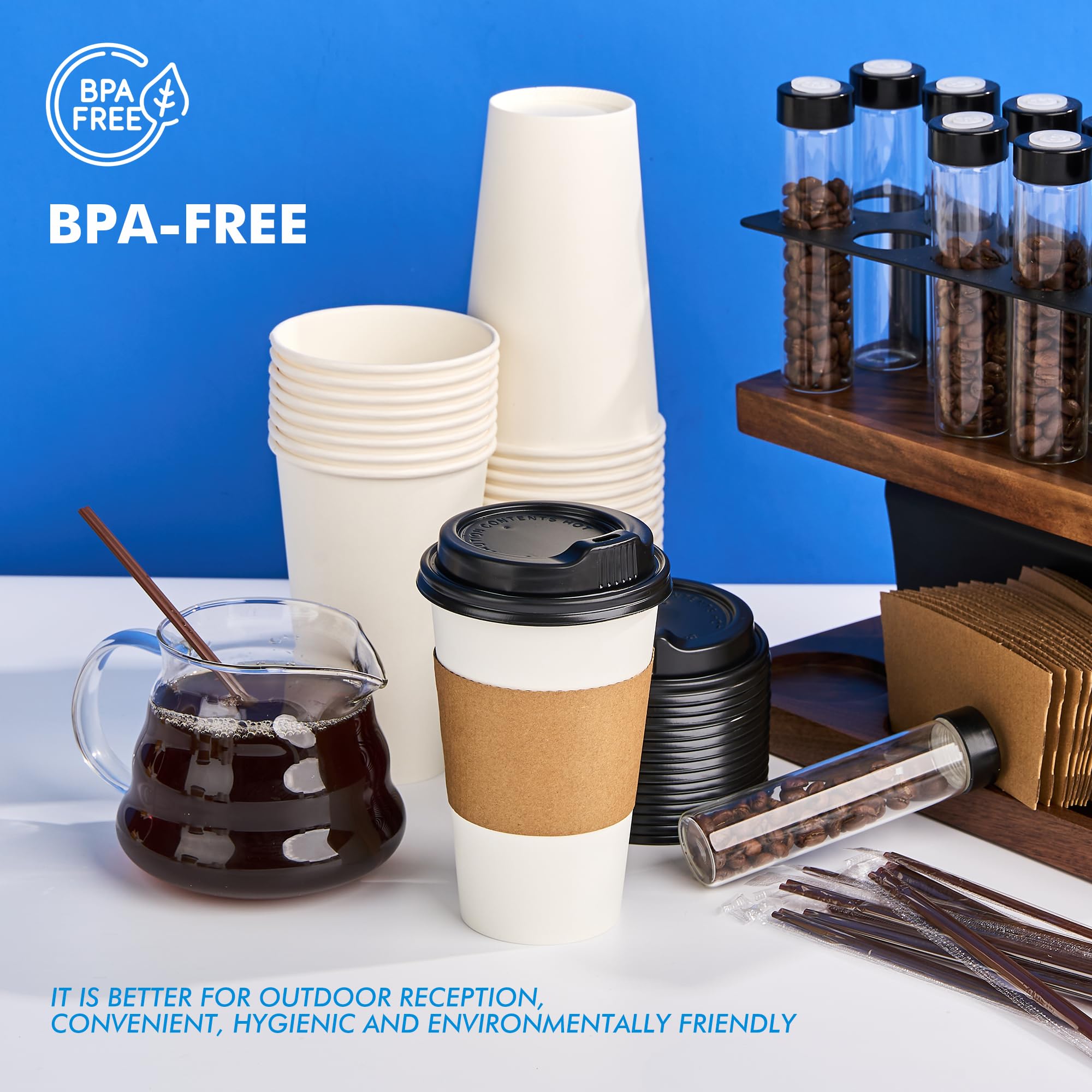 RACETOP 16 oz 100 Pack Disposable Paper Coffee Cups with Lids, Sleeves and Stirrers, Hot Cups, Paper Cups with Lids, Sleeves and Stirrers, Ideal for Home/Office