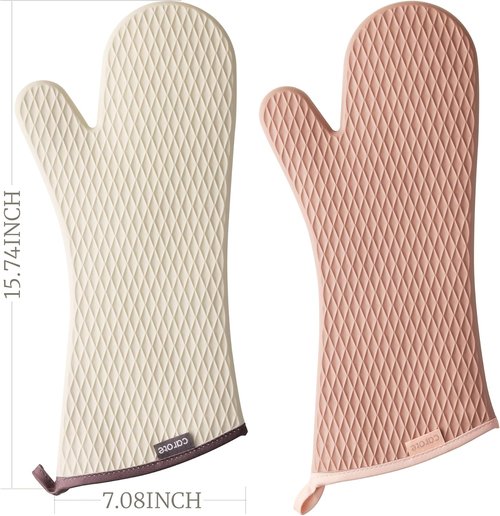 CAROTE Extra Long Oven Mitts - Heat Resistant Silicone Gloves for Baking & Grilling | 2-Piece Set, Beige