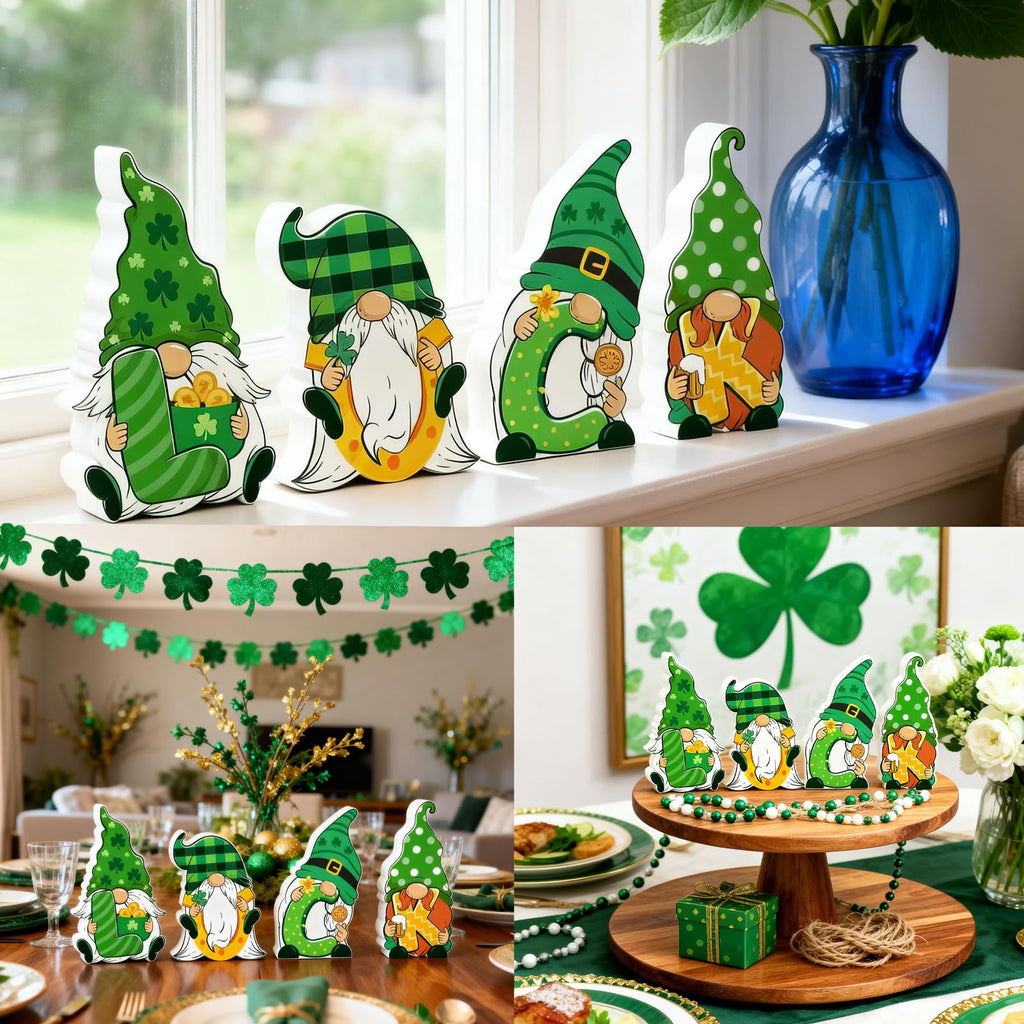 Valentines & St Patricks Day Decorations, 4 Pcs Double-sided Love & Luck Gnome Wooden Sign for Table Tiered Tray Mantel Decorations, Valentine and Shamrock Gnomes Centerpieces for Home Office Gifts