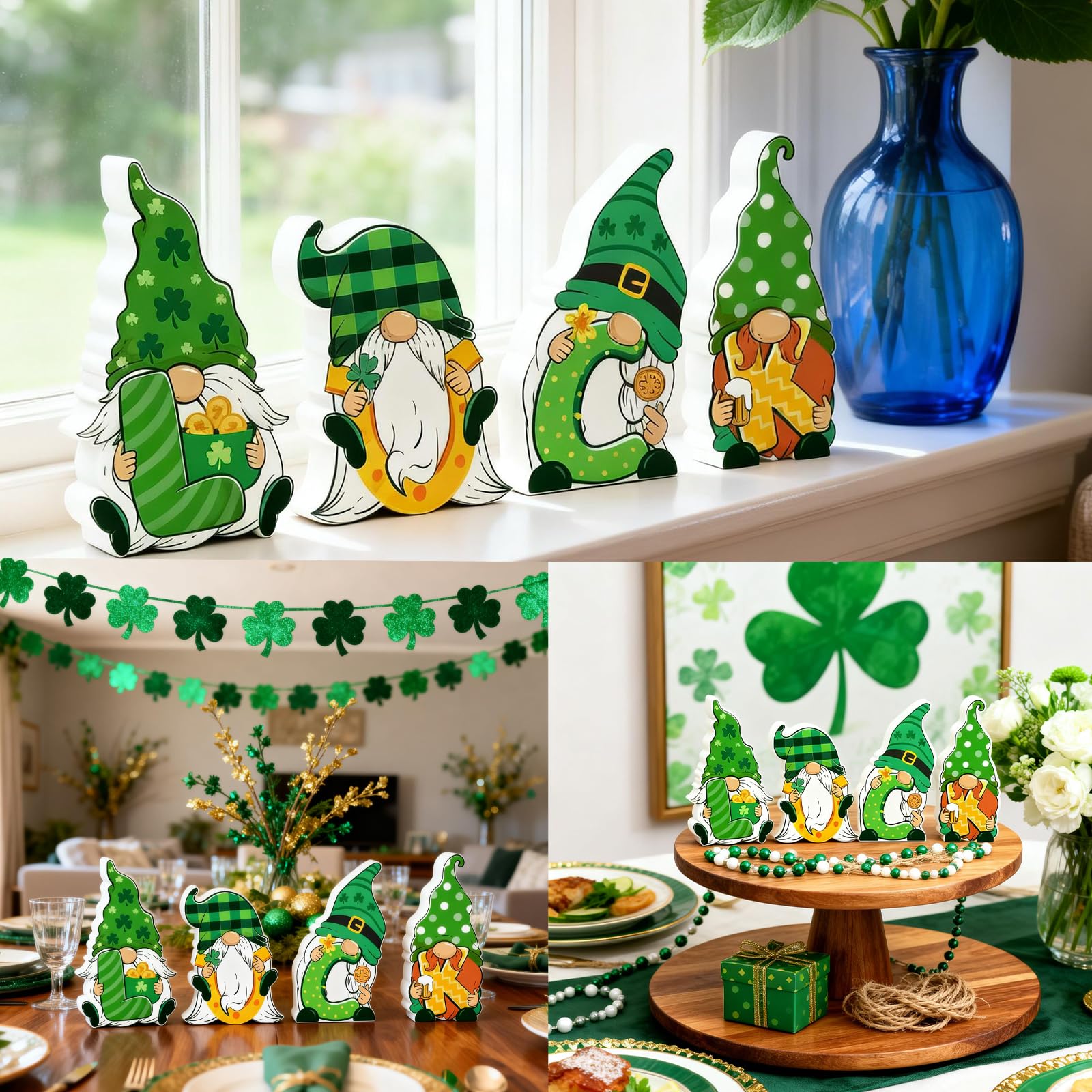 Valentines & St Patricks Day Decorations, 4 Pcs Double-sided Love & Luck Gnome Wooden Sign for Table Tiered Tray Mantel Decorations, Valentine and Shamrock Gnomes Centerpieces for Home Office Gifts