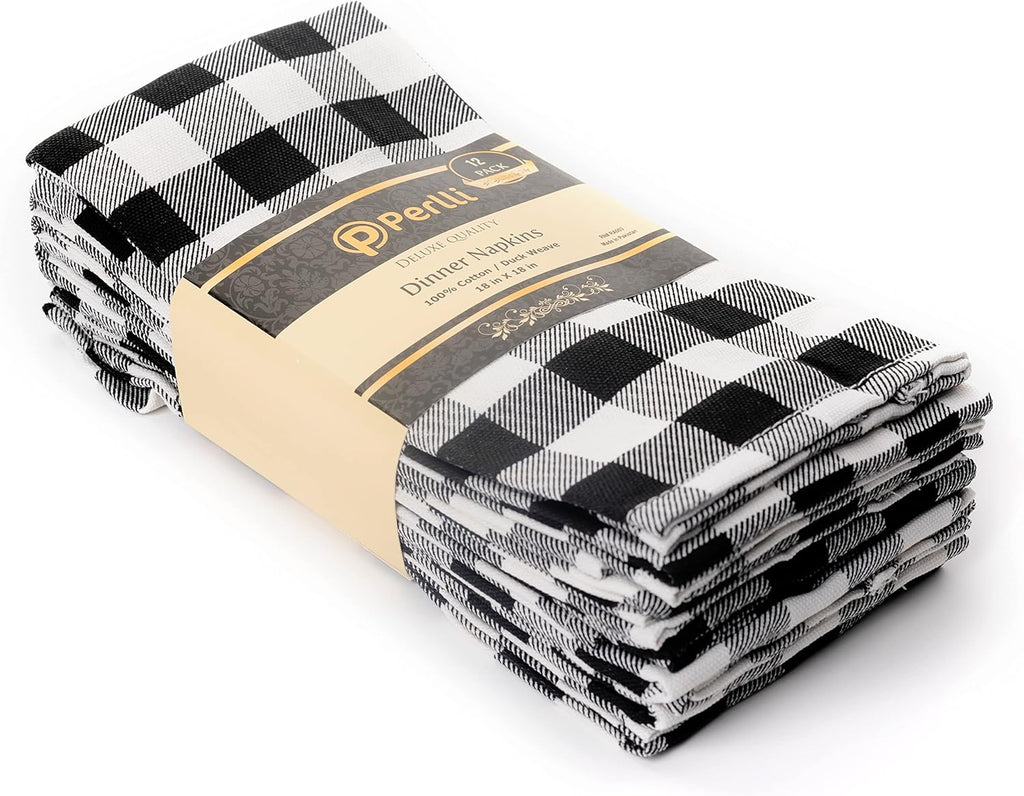 PERLLI Cotton Cloth Napkins - 12 Pack 18x18 Inches | Black and White Plaid Design, Washable & Reusable for Elegant Table Settings