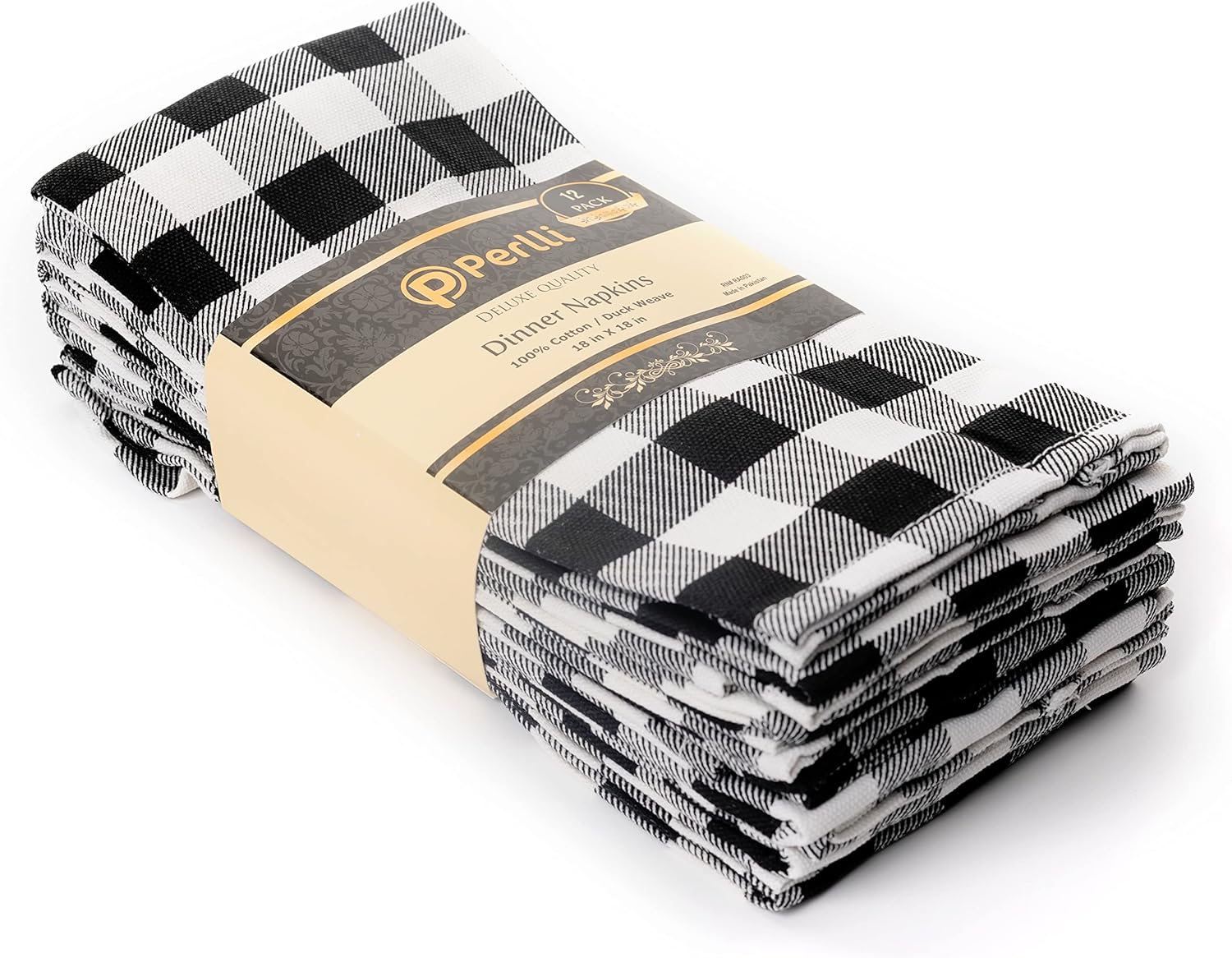 PERLLI Cotton Cloth Napkins - 12 Pack 18x18 Inches | Black and White Plaid Design, Washable & Reusable for Elegant Table Settings
