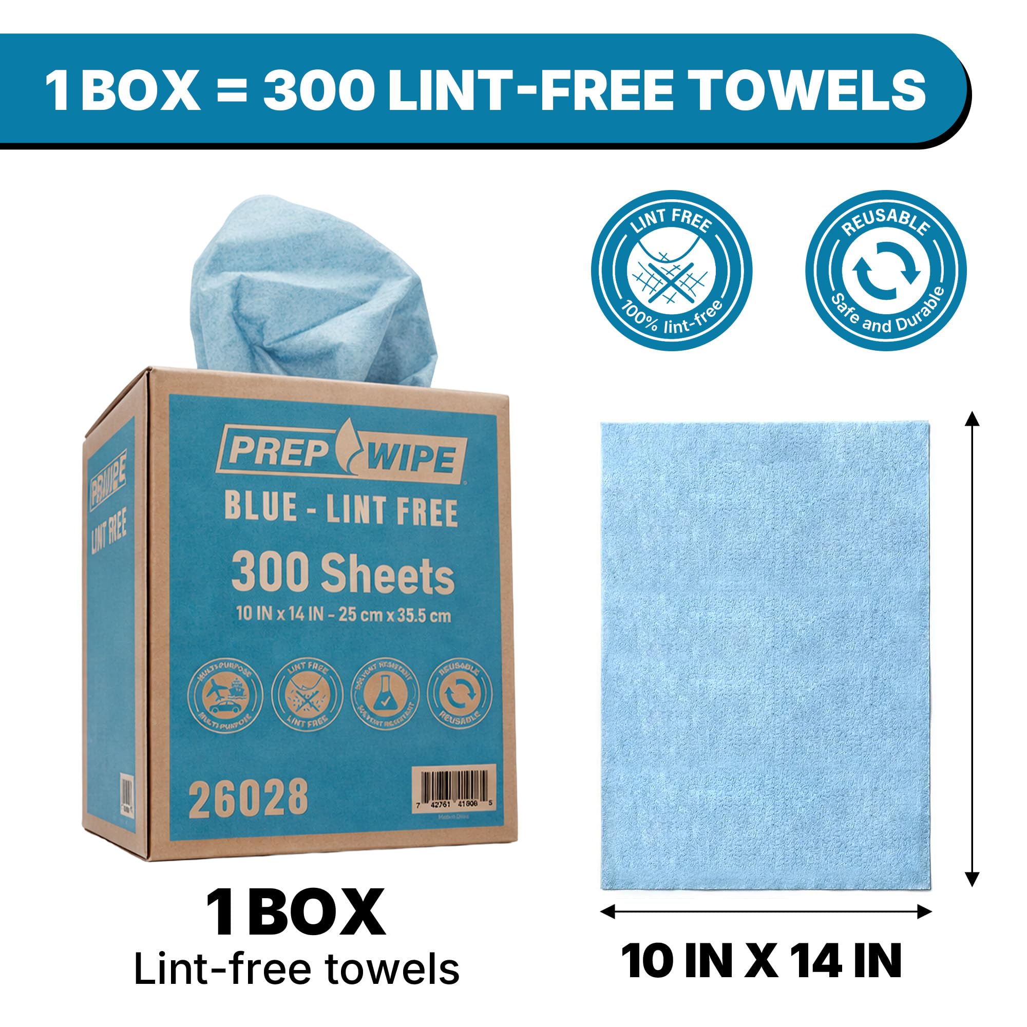 Lauco Prep Wipe Lint-Free Towels – Heavy Duty Nonwoven Cleaning Cloths for Automotive, Industrial & Household Use, Disposable Shop Rags, 300 Pack, 9 x 17 Inch Blue