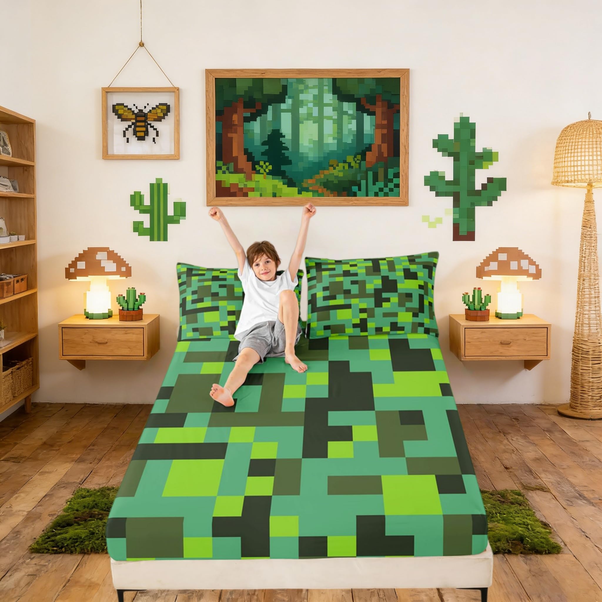 Pixel Grid Miners Kids Twin Size Fitted Sheet,Geometric Grid Patchwork Pixelated Boys Girls Bed Sheets,Cartoon Gamepad Video Games Room Decor,Cyan Green Bedding Set,1 Pillowcase(No Flat)