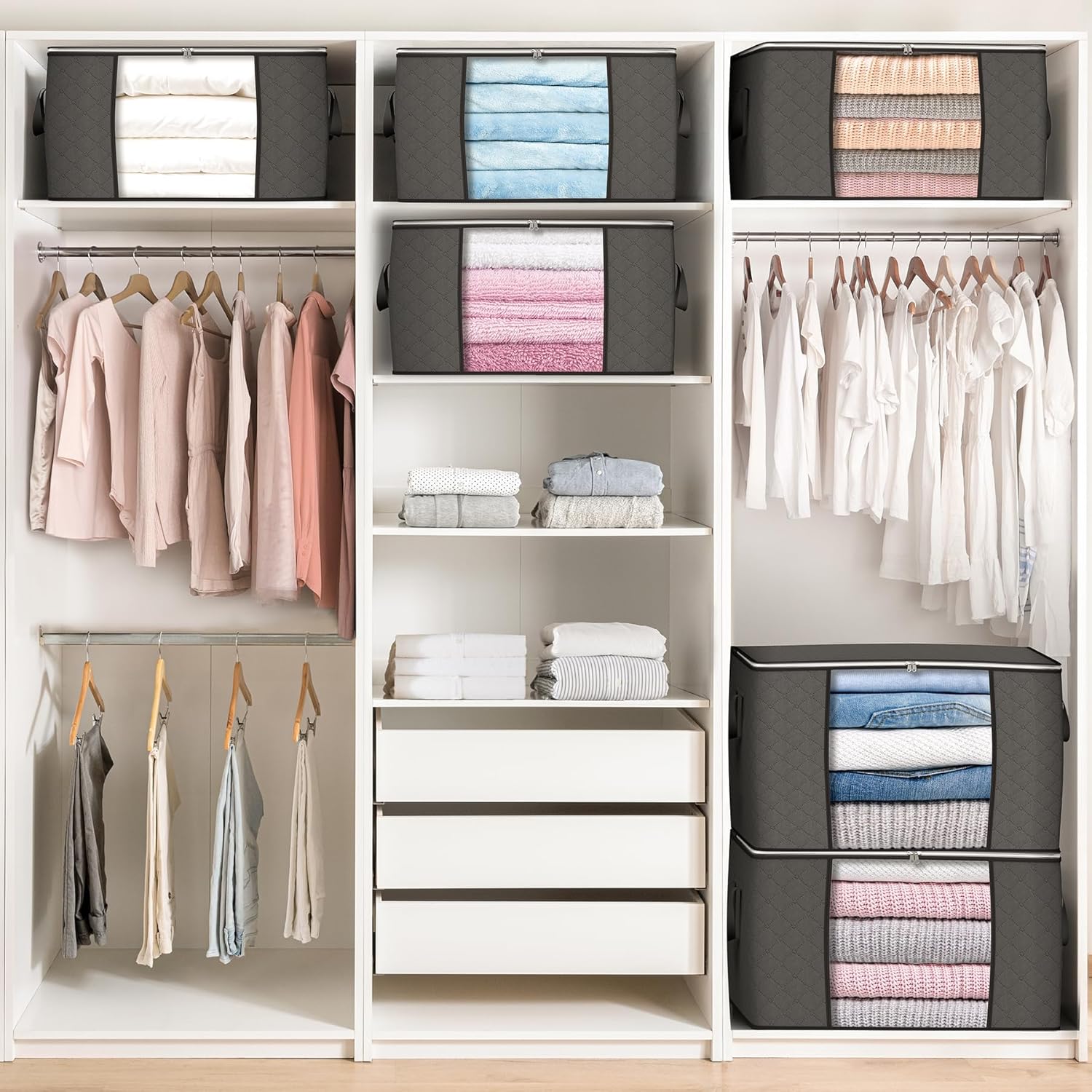 Skiennix 90L Large Storage Bags - 6 Pack Foldable Closet Organizers with Reinforced Handles | Gray
