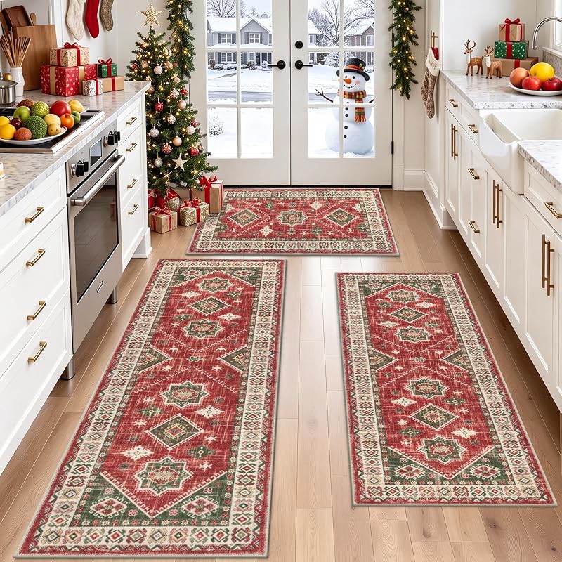 Christmas Kitchen Rug Set of 3 - Red & Green Non-Slip 20x32, 20x48, 20x59 variation: Red/Green+20"x32+20"x48+20"x59"