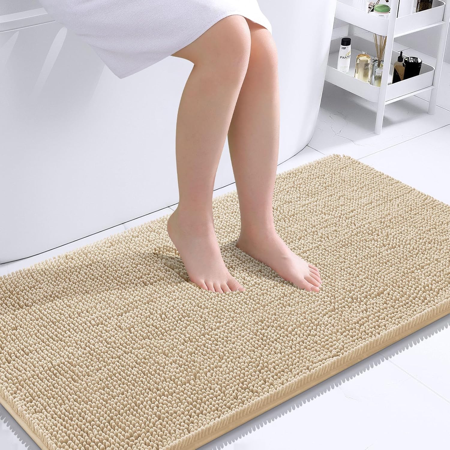 OLANLY Bathroom Rugs - Extra Soft Chenille Bath Mats with Rubber Backing | 44x24 Inches, Quick Dry, Beige