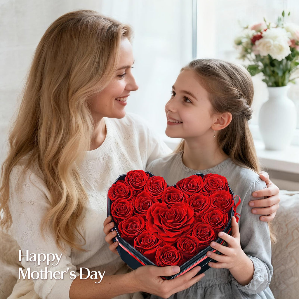 MARTINE MALL 17 Forever Flowers for Delivery, Mothers Day Birthday Gifts for Women Mom Glitter Preserved Real Roses in a Box Gifts for Girlfriend Wife Lasting Eternal Flowers with Necklace, Red