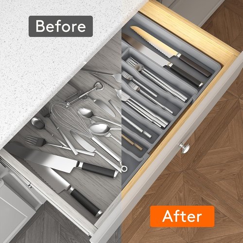 Lifewit Expandable Silverware Drawer Organizer - BPA-Free Utensil Tray for Kitchen | Adjustable Gray 33-57 x 42cm