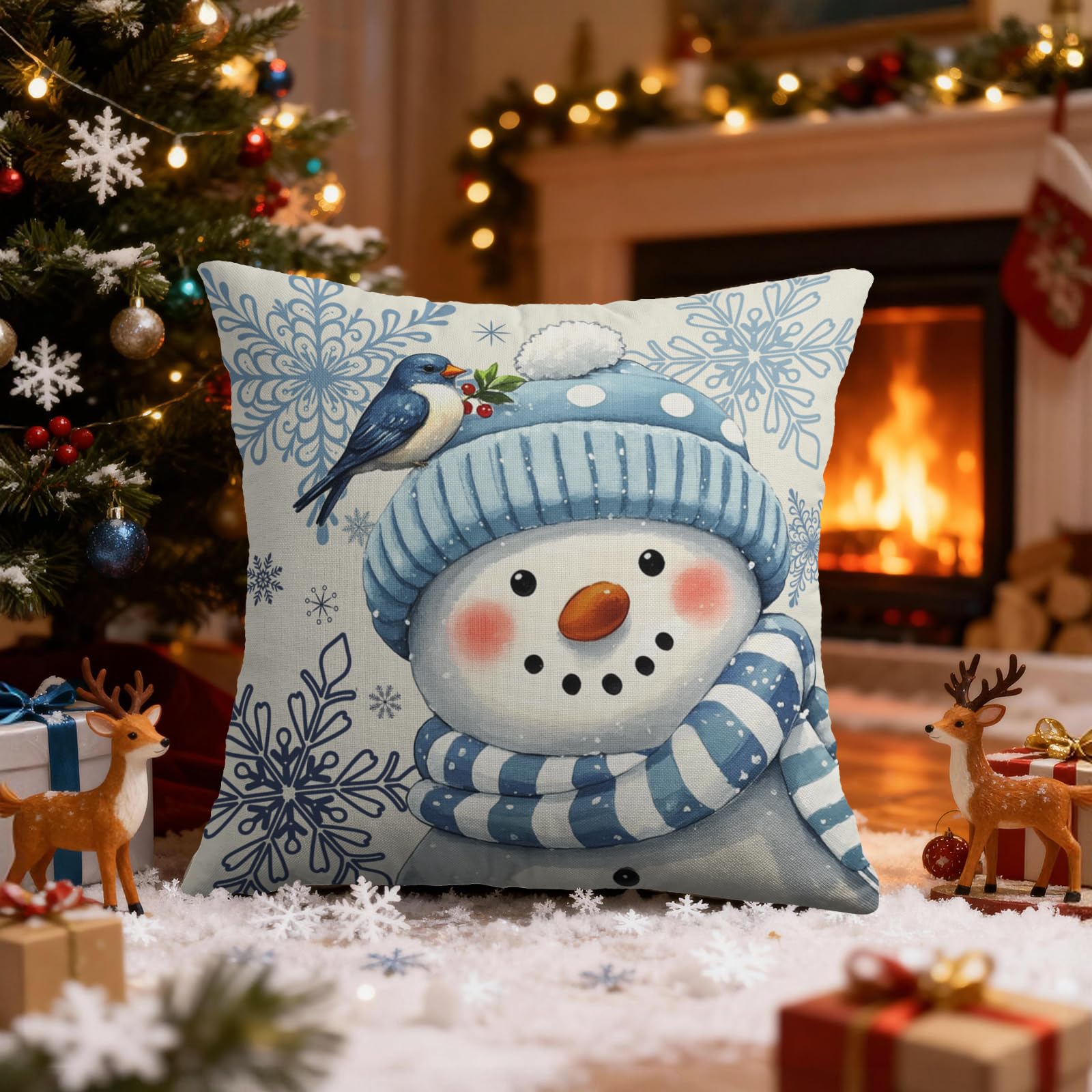 Smozenith Winter Pillow Covers 18X18 Set of 2, Blue Snowman Bird Snowflakes Decorative Throw Pillowcases Outdoor Holiday Seasonal Farmhouse Cushion Cases Couch Sofa Bed Decor