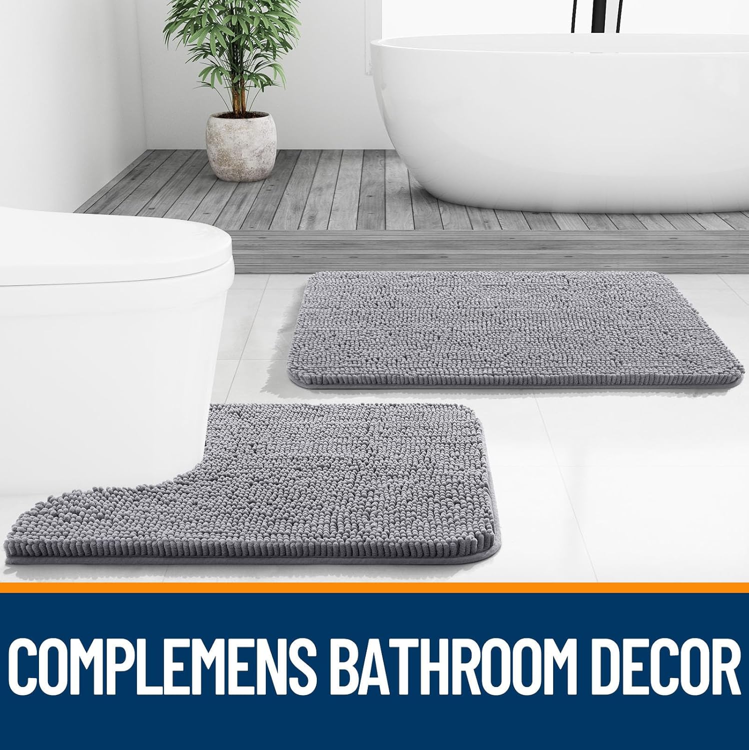 OLANLY Bath Mats Set - Soft Absorbent Chenille Rugs | Non-Slip, Quick Dry, Machine Washable (Grey, 30"x20" + 24"x16")