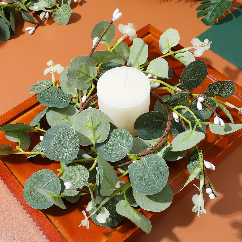 Zerodeko Easter Candle Ring Set - Eucalyptus Leaves Wreath Pillar Holders | Mini Green Decor, 8cm