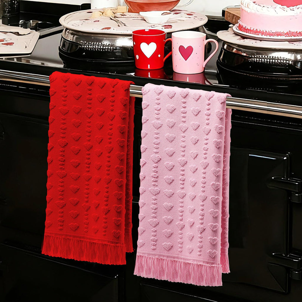 Peryiter 2 Pcs Valentine's Day 3D Heart Hand Towels with Tassel Valentines Decor 100% Cotton Red Pink Bathroom Towel Decorative Absorbent Bath Towel for Kitchen Drying Cleaning, 13.78 x 33.46 Inch