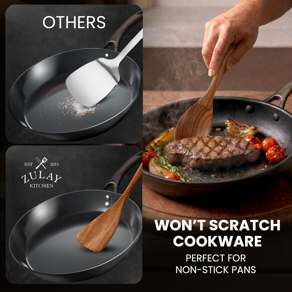 Zulay Kitchen 9-Piece Teak Wood Cooking Utensil Set - Non-Toxic, Non-Stick Tools with Comfortable Grip & Smooth Finish