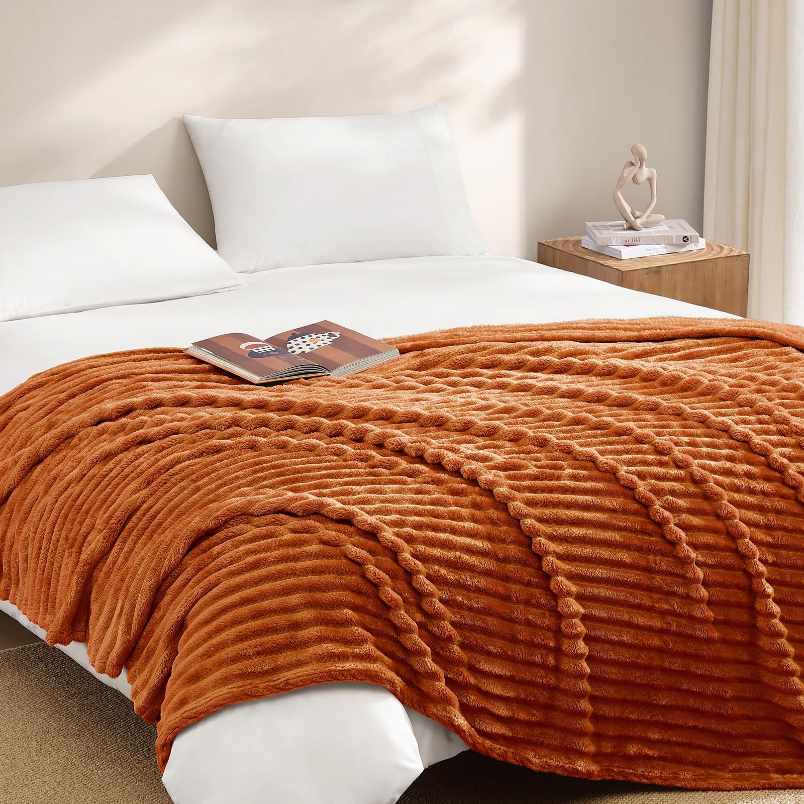 Geniospin Throw Blanket for Couch, Bed, Sofa – 280GSM Super Soft Lightweight Blanket with Stripe, 3D Ribbed Jacquard Blanket, Plush Fuzzy Cozy Throws, Warm and Breathable (Burnt Orange, 50x60 inches)