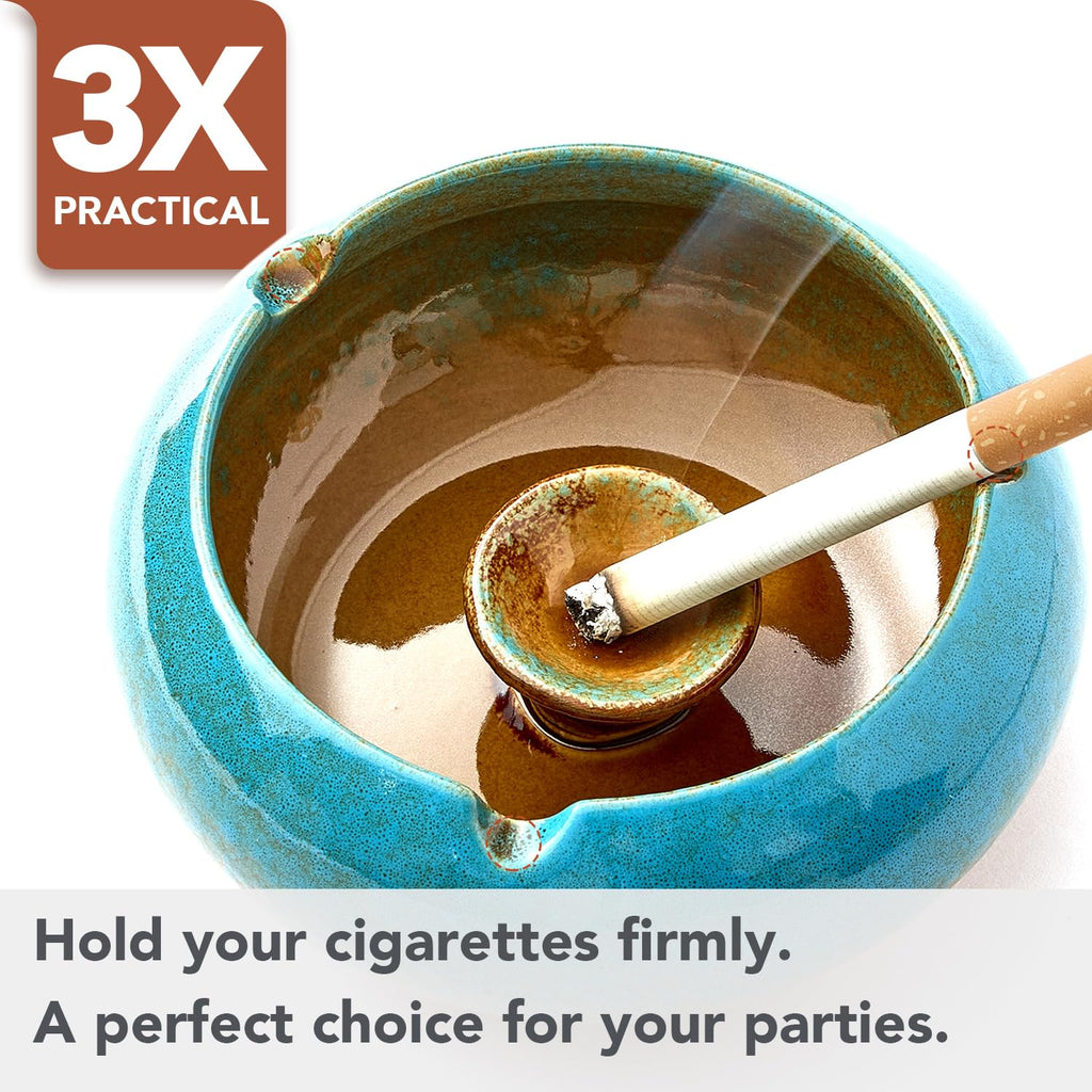 Ashtray with Lid for Outside Patio, Windproof Ash tray, Ceramic Smokeless Ashtray for Outdoor Home Office Tabletop Patio Outdoor Balcony, Blue